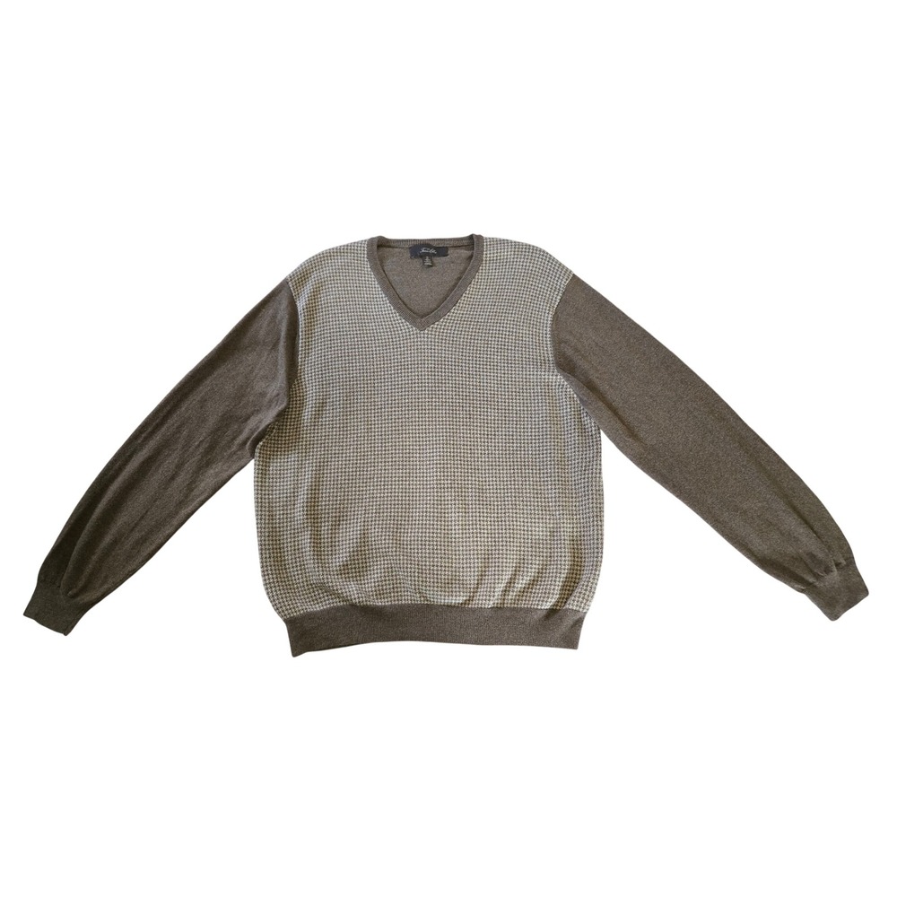 Tasso Elba Mens Preppy XL V-Neck Sweater Brown Houndstooth Cotton Cashmere Blend